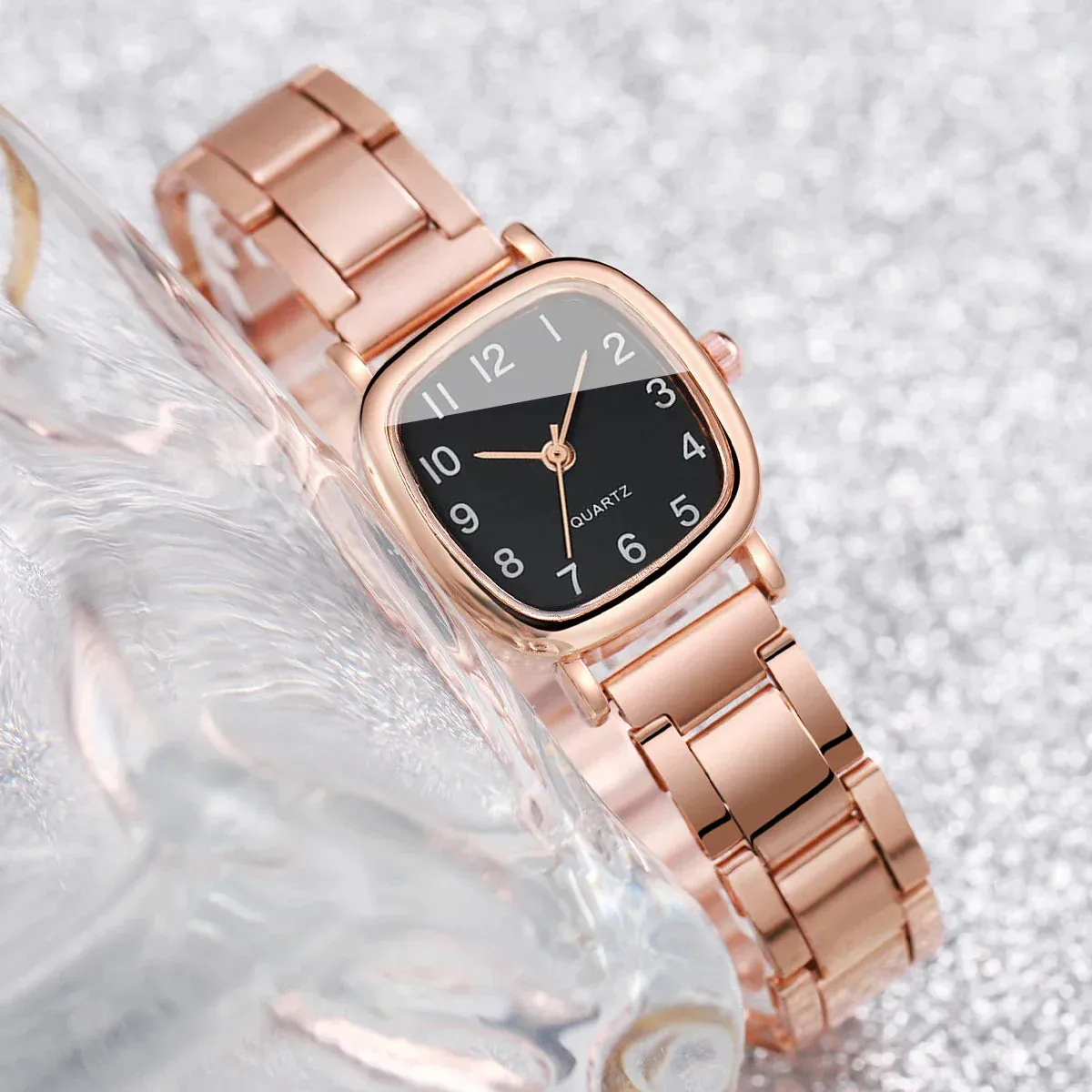 2 Piece Square Quartz Watch Steel Band Heart Bracelet