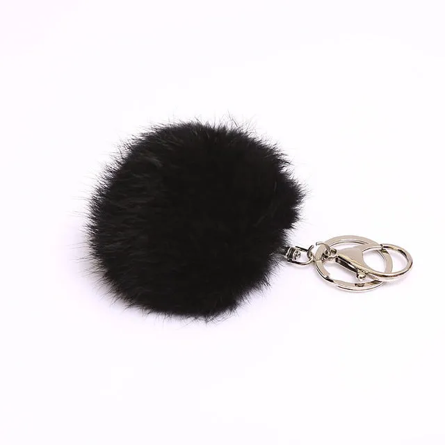 2016 New Rabbit Fur Ball Plush Key Chain POM POM Keychain Leather Tassel Pompom Car Bag Keychain Key Ring Silver Plated Jewelry