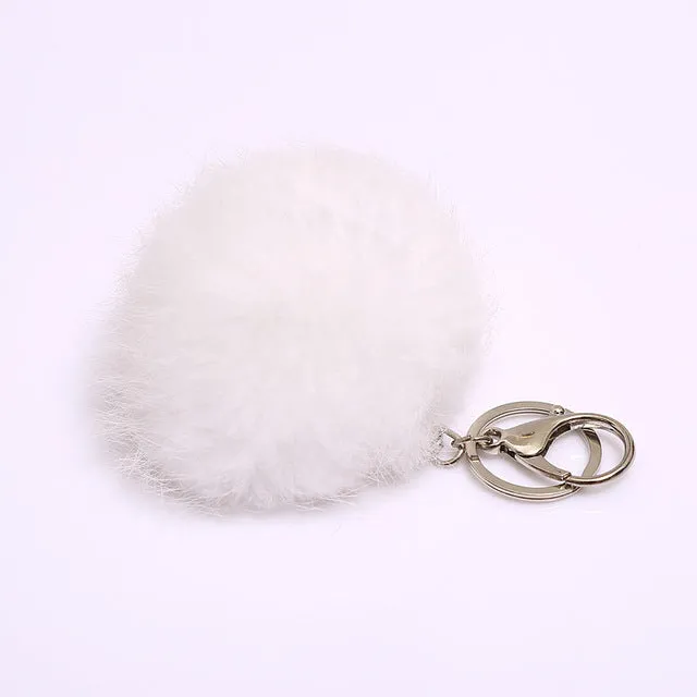 2016 New Rabbit Fur Ball Plush Key Chain POM POM Keychain Leather Tassel Pompom Car Bag Keychain Key Ring Silver Plated Jewelry