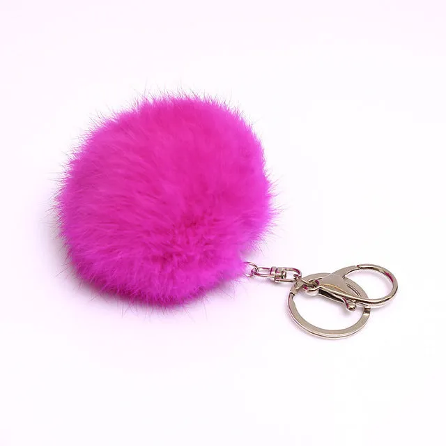 2016 New Rabbit Fur Ball Plush Key Chain POM POM Keychain Leather Tassel Pompom Car Bag Keychain Key Ring Silver Plated Jewelry