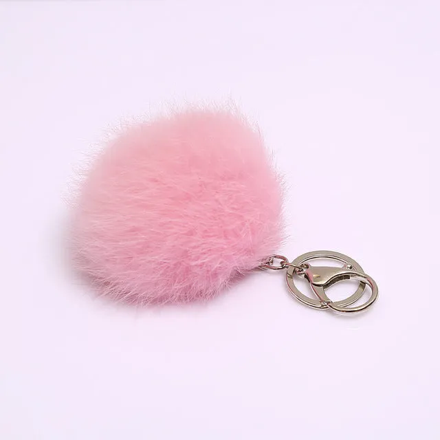 2016 New Rabbit Fur Ball Plush Key Chain POM POM Keychain Leather Tassel Pompom Car Bag Keychain Key Ring Silver Plated Jewelry
