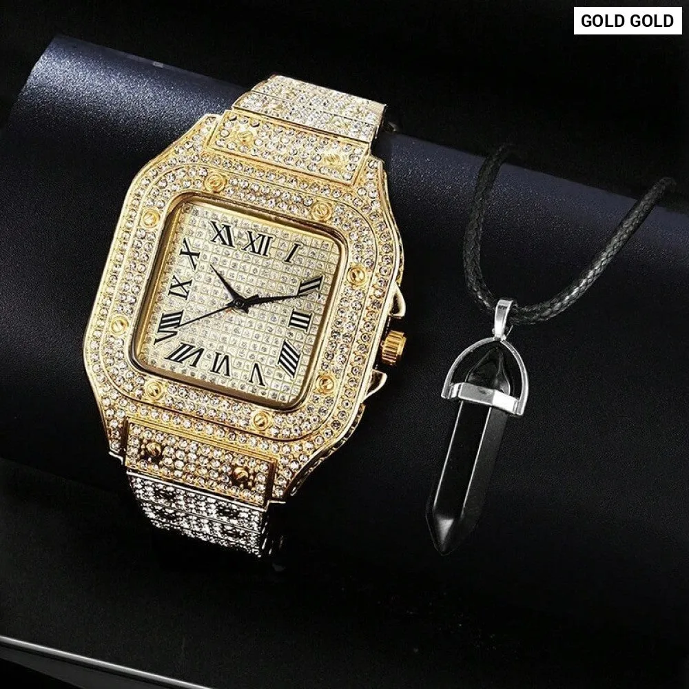 2pcs Set Watches for Men Fashion Casual Watches Simple Mens Square Dial Quartz Wristwatches Clock Necklace Set