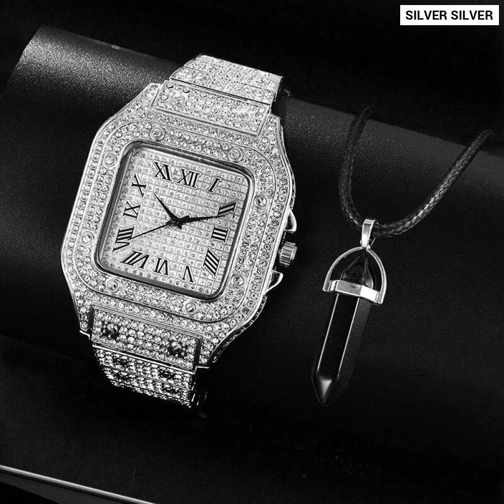 2pcs Set Watches for Men Fashion Casual Watches Simple Mens Square Dial Quartz Wristwatches Clock Necklace Set
