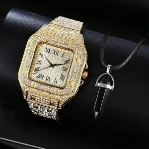 2pcs Set Watches for Men Fashion Casual Watches Simple Mens Square Dial Quartz Wristwatches Clock Necklace Set