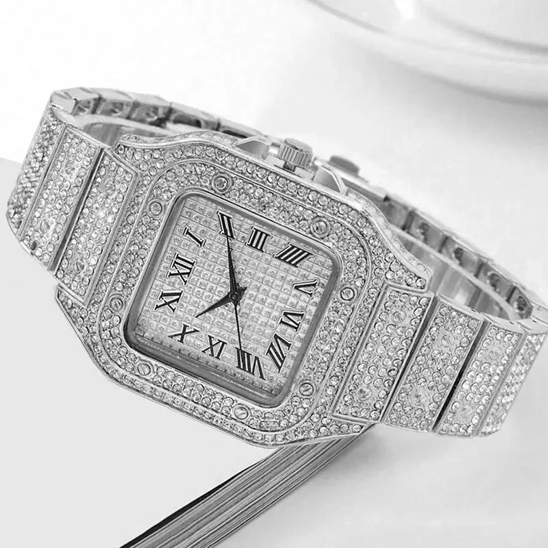 2pcs Set Watches for Men Fashion Casual Watches Simple Mens Square Dial Quartz Wristwatches Clock Necklace Set