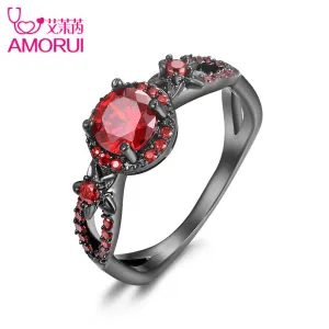 AMORUI New Flower Red CZ Women's Engagemenr Ring Jewelery Black Gold Color Vintage Party Rings for Women Fashion Jewelry Bijoux