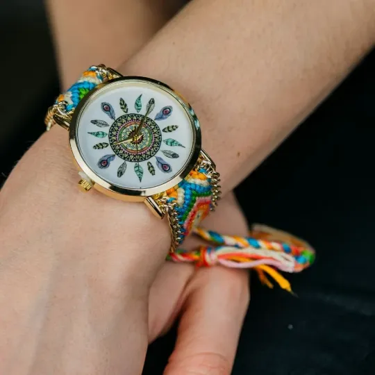 Boho Mandala Dial Jute Braided Bracelet Wrist Watch for Women