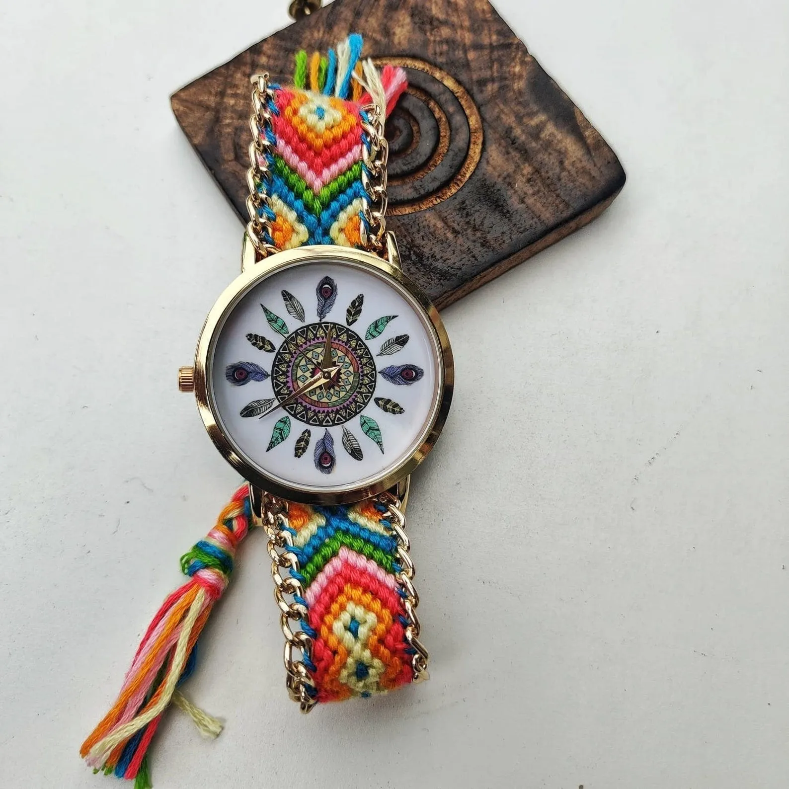 Boho Mandala Dial Jute Braided Bracelet Wrist Watch for Women