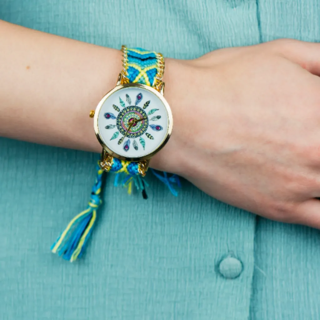 Boho Mandala Dial Jute Braided Bracelet Wrist Watch for Women
