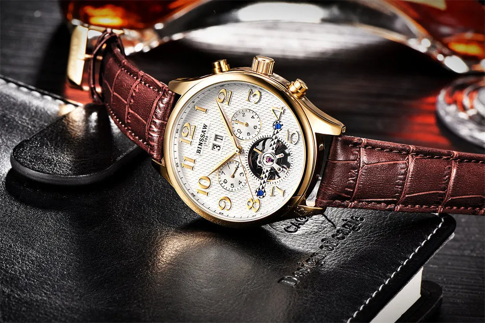 Brand Mens Luxury Watches Gold Leather Wrist Watch