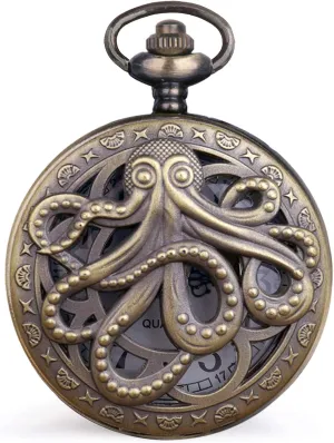 Dentily Vintage Octopus Hollow Quartz Pocket Watch Steampunk Black Pocket Watch with Necklace Chain