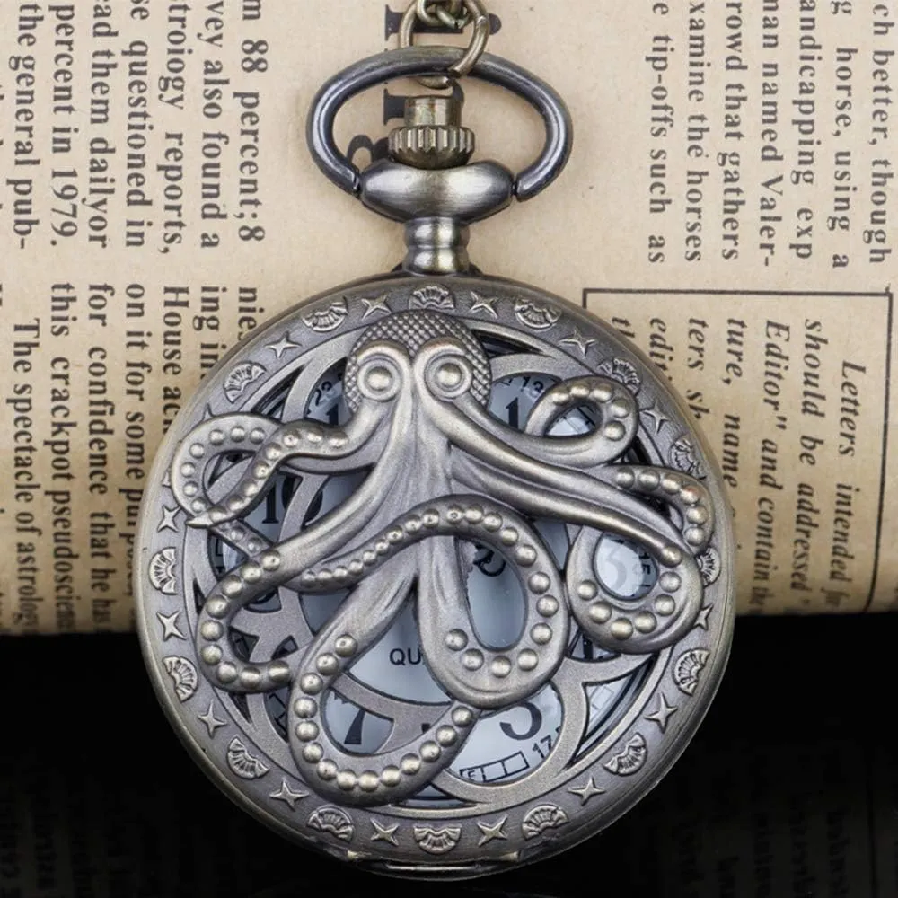Dentily Vintage Octopus Hollow Quartz Pocket Watch Steampunk Black Pocket Watch with Necklace Chain