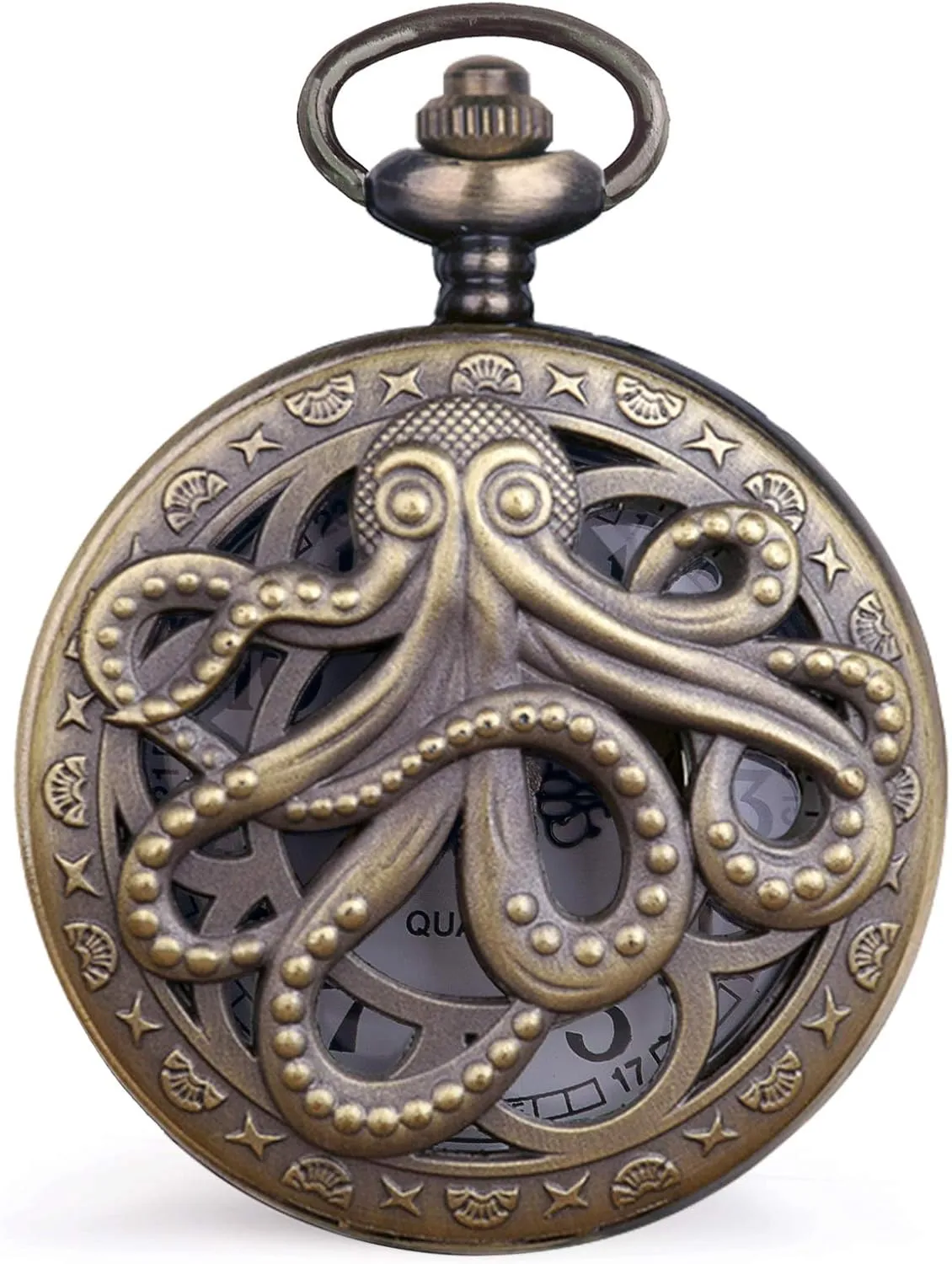 Dentily Vintage Octopus Hollow Quartz Pocket Watch Steampunk Black Pocket Watch with Necklace Chain