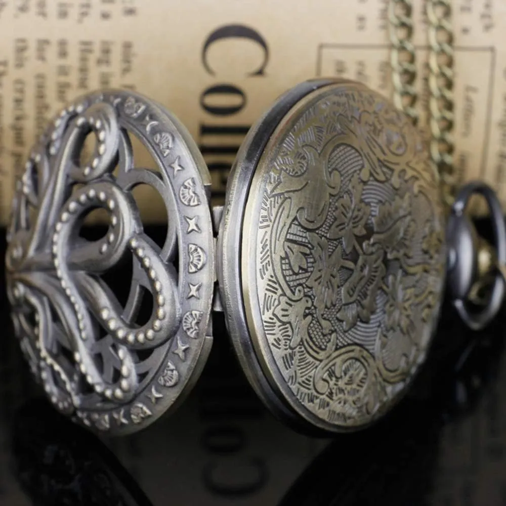 Dentily Vintage Octopus Hollow Quartz Pocket Watch Steampunk Black Pocket Watch with Necklace Chain
