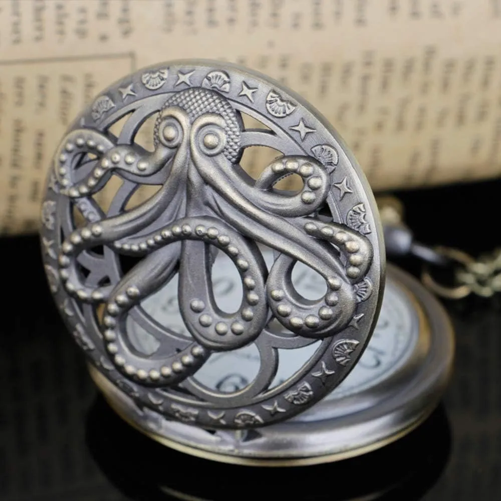 Dentily Vintage Octopus Hollow Quartz Pocket Watch Steampunk Black Pocket Watch with Necklace Chain