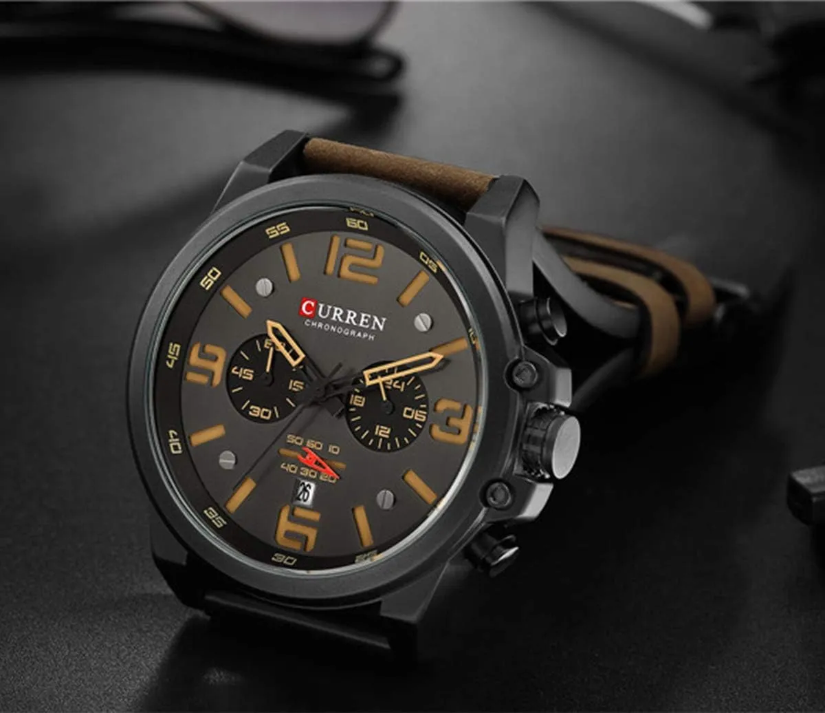 Gosasa Fashion Big Face Sports Watch for Men Red Leather Wrist Watch Waterproof Analog Male Casual Quartz Watch