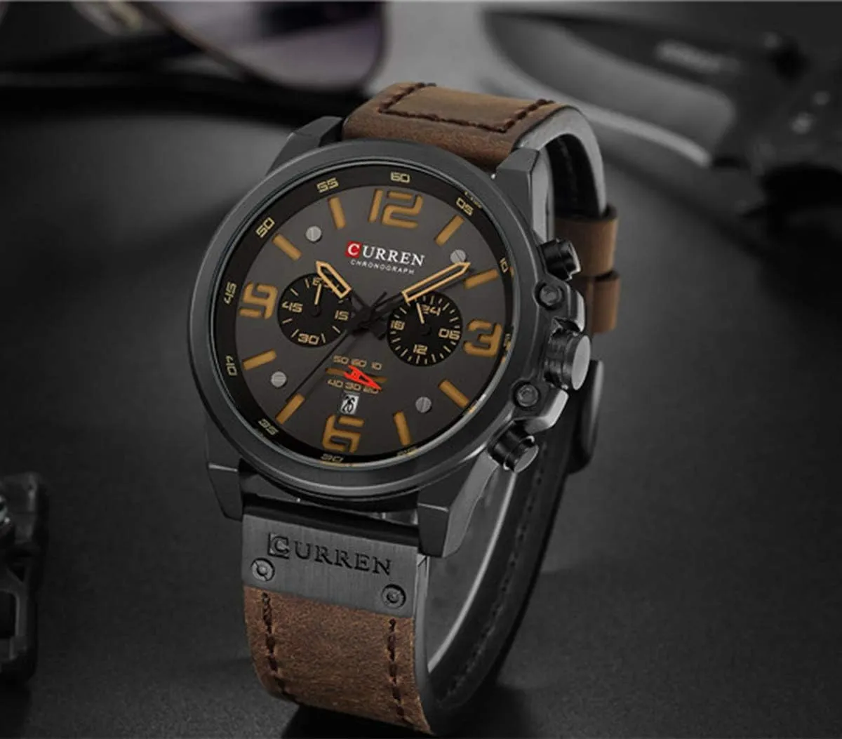 Gosasa Fashion Big Face Sports Watch for Men Red Leather Wrist Watch Waterproof Analog Male Casual Quartz Watch