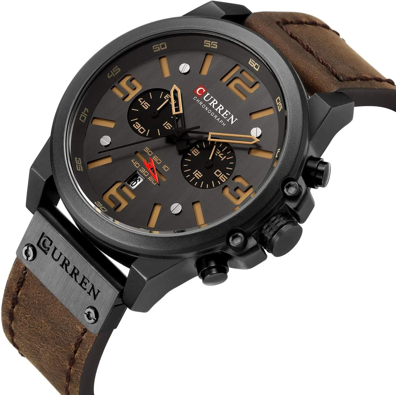Gosasa Fashion Big Face Sports Watch for Men Red Leather Wrist Watch Waterproof Analog Male Casual Quartz Watch