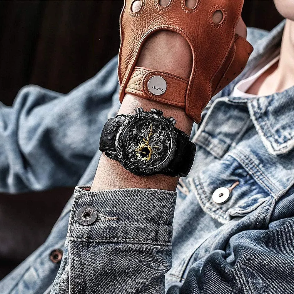 MASTOP Men's Fashion Big Dial 3D Sculpture Dragon Watches Men Quartz Watches Luxury Exquisite Creative Watch