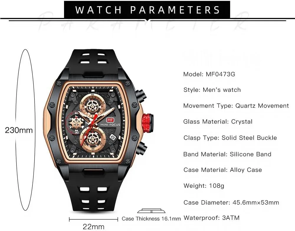 Mens Watches Fashion Sport Luxury Tonneau Watches for Men Chronograph Waterproof Dress Business Work Watch Large Square Face Wristwatch Analog Luminous Calendar Mens Wrist Watch