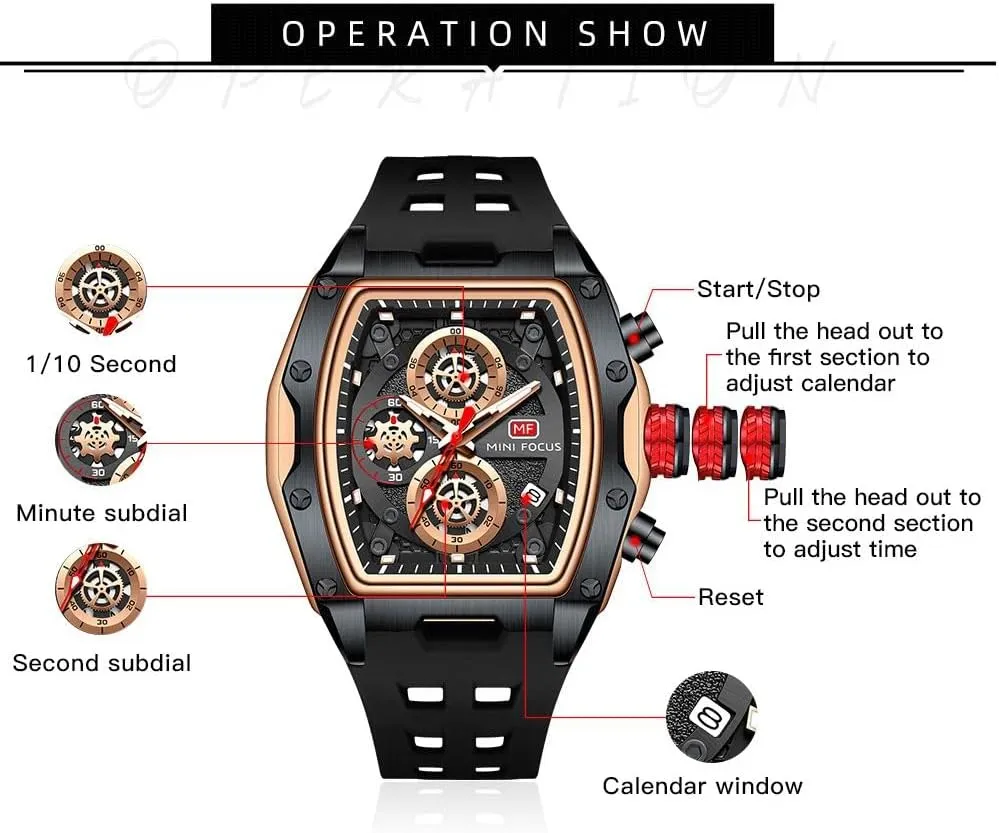 Mens Watches Fashion Sport Luxury Tonneau Watches for Men Chronograph Waterproof Dress Business Work Watch Large Square Face Wristwatch Analog Luminous Calendar Mens Wrist Watch