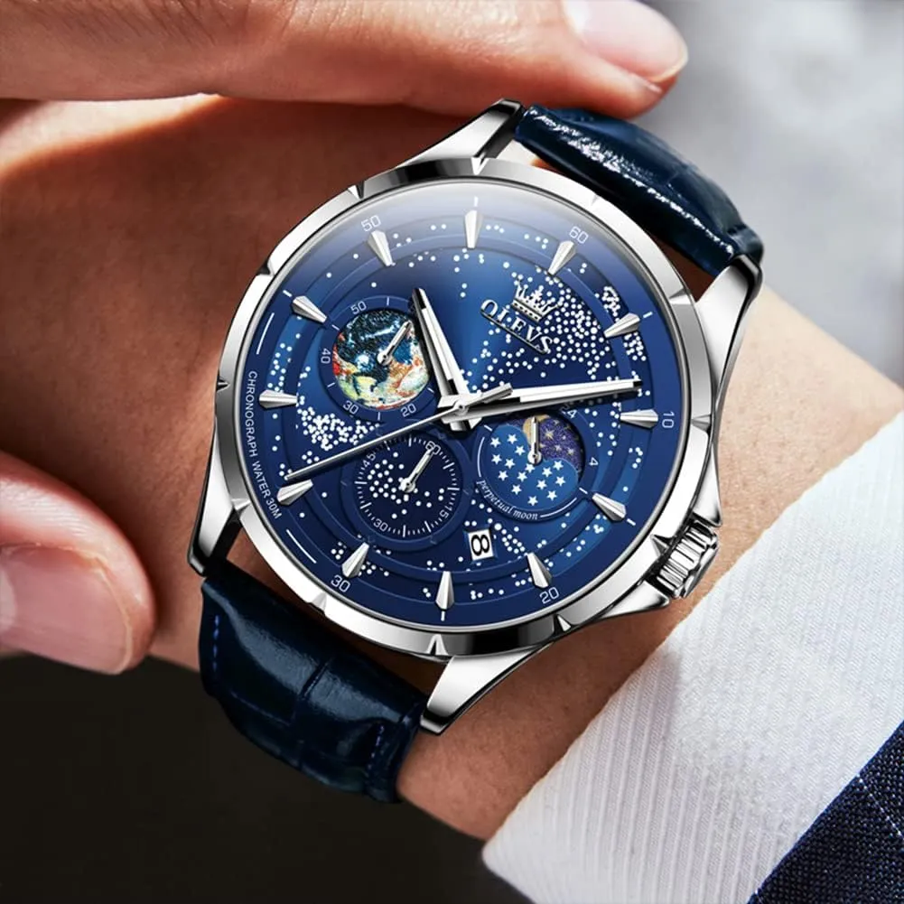 OLEVS Mens Watches Starry Sky Moon Phase Dial Luxury Business Dress Analog Quartz Classic Casual Date Wrist Watches Waterproof Luminous