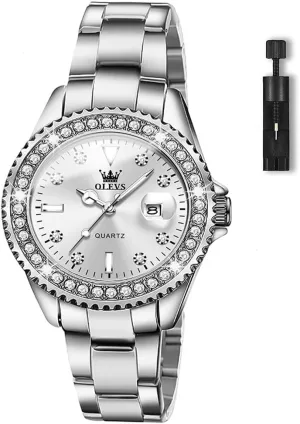 OLEVS Women's Casual Stainless Steel Watch, Small Wrist Simple Watch for Women, Elegant Diamond Roman Numerals Ladies Dress Watch