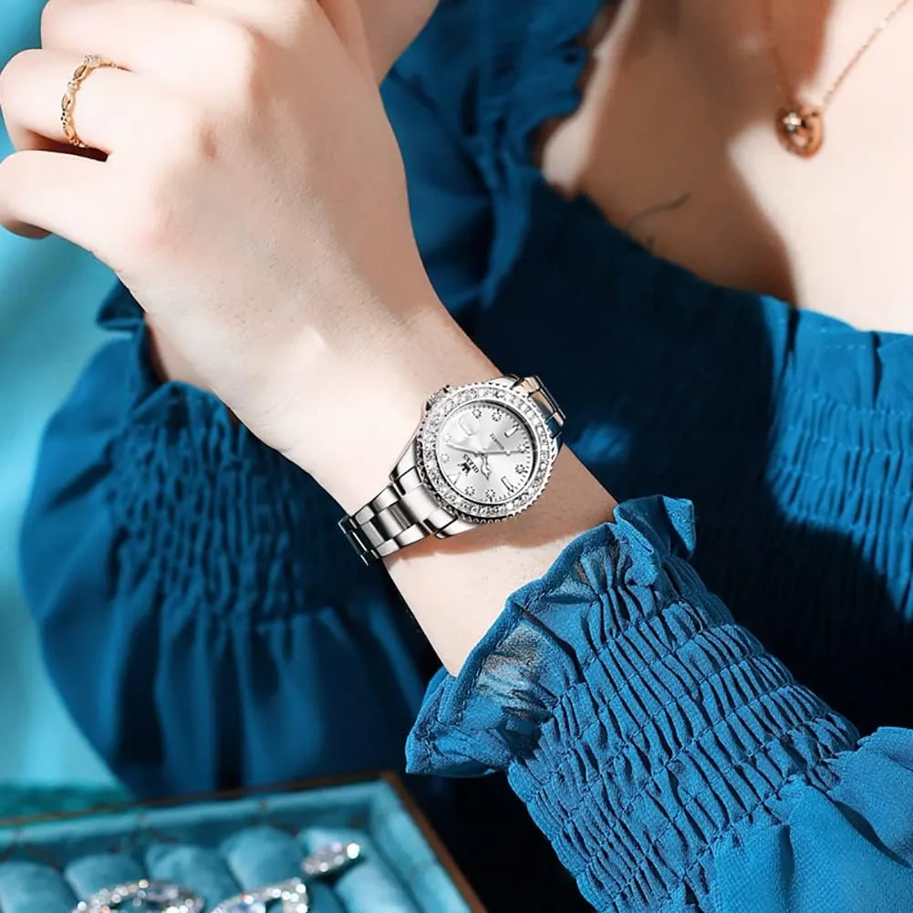 OLEVS Women's Casual Stainless Steel Watch, Small Wrist Simple Watch for Women, Elegant Diamond Roman Numerals Ladies Dress Watch
