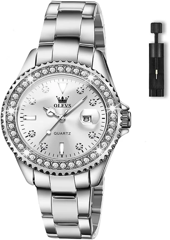 OLEVS Women's Casual Stainless Steel Watch, Small Wrist Simple Watch for Women, Elegant Diamond Roman Numerals Ladies Dress Watch