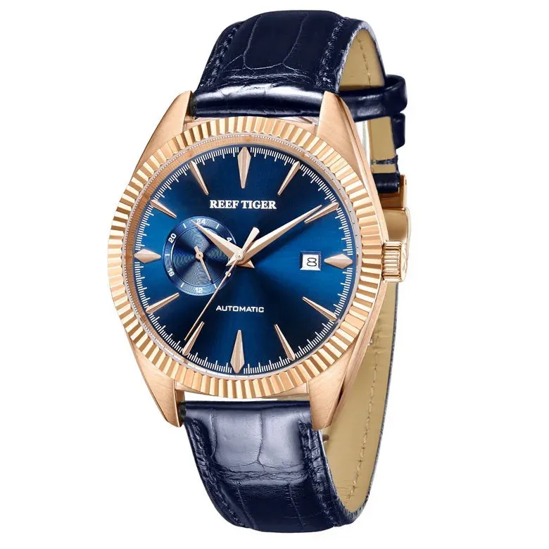 Reef Tiger Mens Automatic Watches, Luxury Men Watch Fashion Mechanical Wristwatch 50M Waterproof Sapphire Mirror Leather Strap