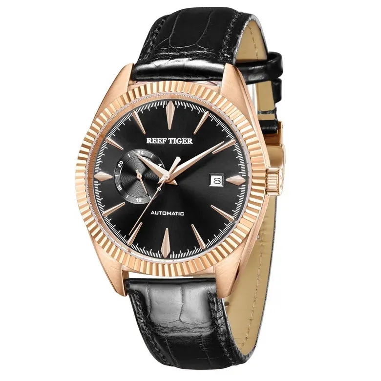 Reef Tiger Mens Automatic Watches, Luxury Men Watch Fashion Mechanical Wristwatch 50M Waterproof Sapphire Mirror Leather Strap