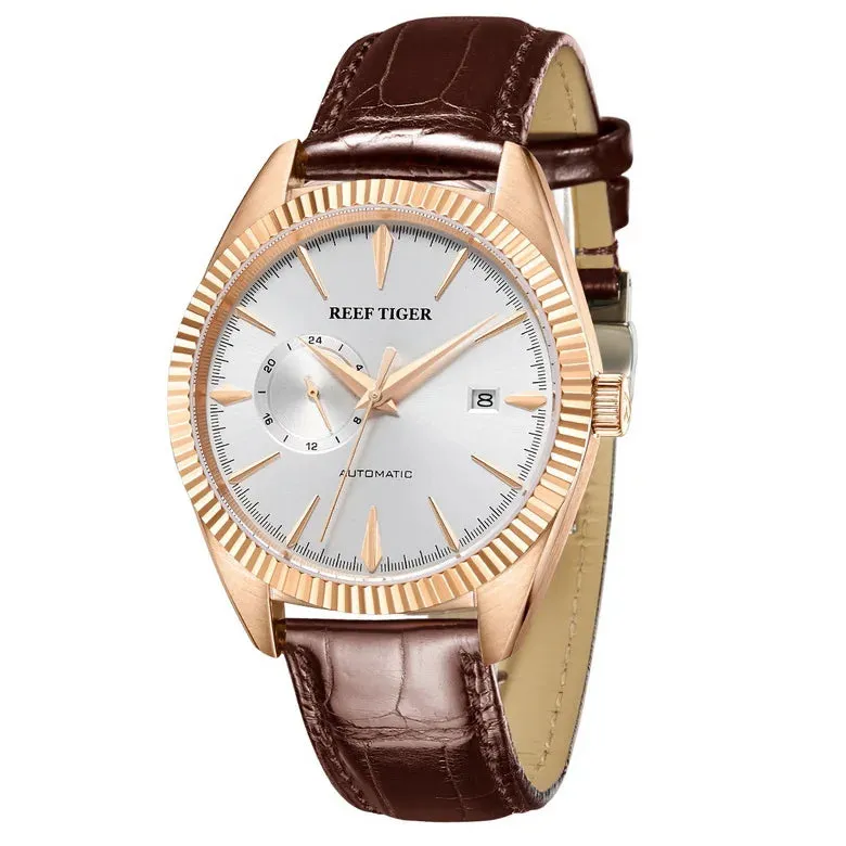Reef Tiger Mens Automatic Watches, Luxury Men Watch Fashion Mechanical Wristwatch 50M Waterproof Sapphire Mirror Leather Strap