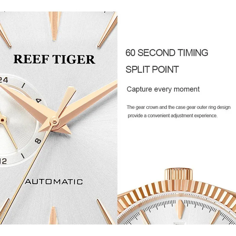 Reef Tiger Mens Automatic Watches, Luxury Men Watch Fashion Mechanical Wristwatch 50M Waterproof Sapphire Mirror Leather Strap