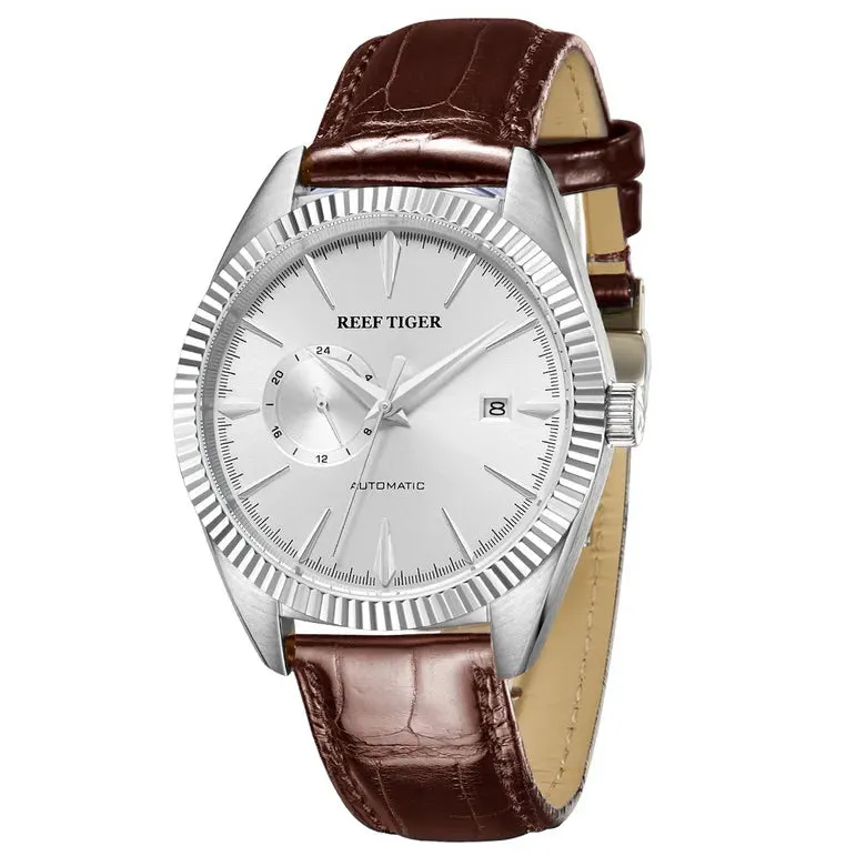 Reef Tiger Mens Automatic Watches, Luxury Men Watch Fashion Mechanical Wristwatch 50M Waterproof Sapphire Mirror Leather Strap