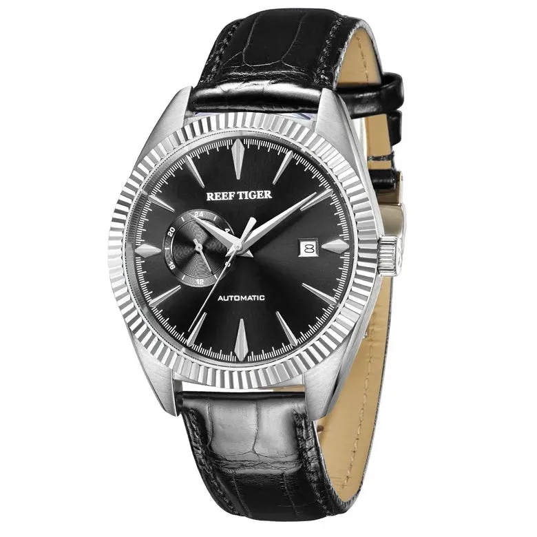 Reef Tiger Mens Automatic Watches, Luxury Men Watch Fashion Mechanical Wristwatch 50M Waterproof Sapphire Mirror Leather Strap
