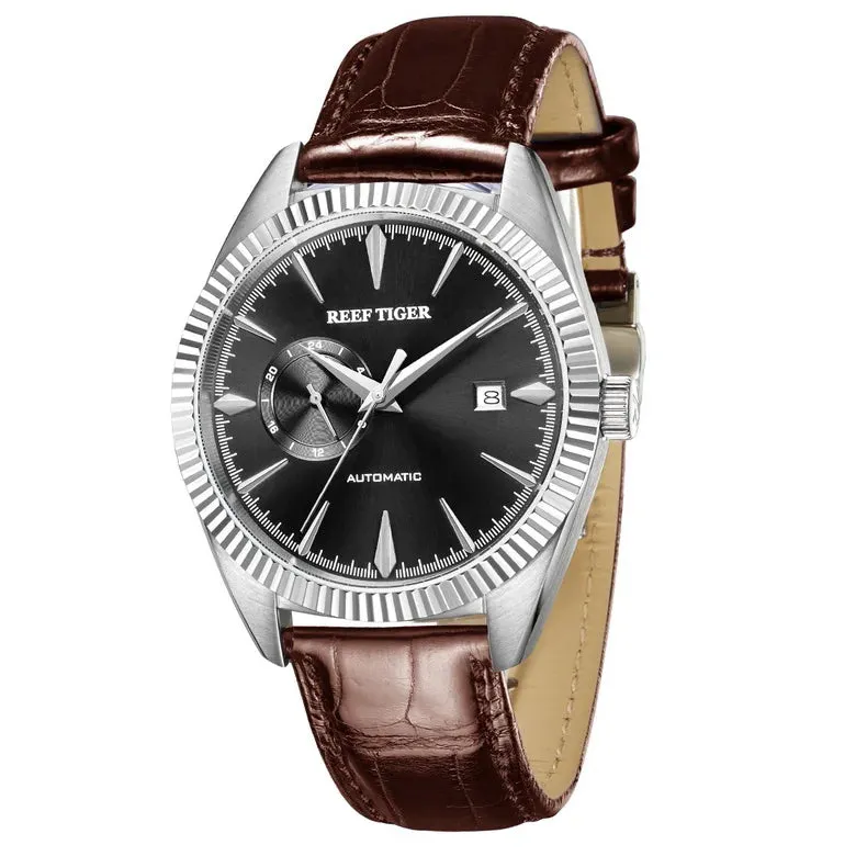 Reef Tiger Mens Automatic Watches, Luxury Men Watch Fashion Mechanical Wristwatch 50M Waterproof Sapphire Mirror Leather Strap
