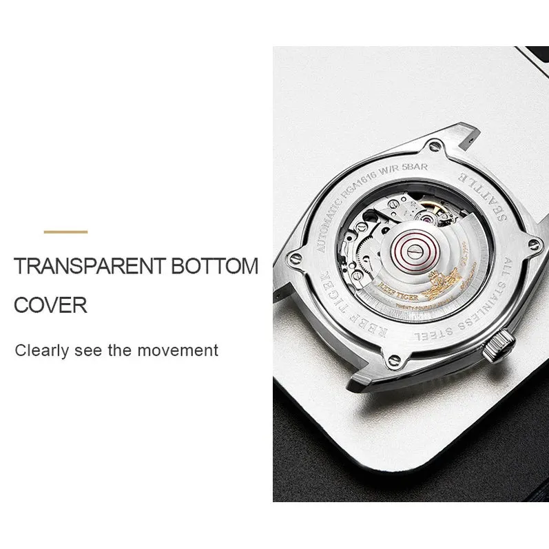 Reef Tiger Mens Automatic Watches, Luxury Men Watch Fashion Mechanical Wristwatch 50M Waterproof Sapphire Mirror Leather Strap