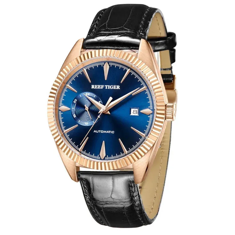 Reef Tiger Mens Automatic Watches, Luxury Men Watch Fashion Mechanical Wristwatch 50M Waterproof Sapphire Mirror Leather Strap