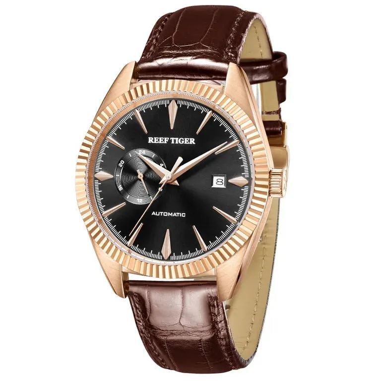 Reef Tiger Mens Automatic Watches, Luxury Men Watch Fashion Mechanical Wristwatch 50M Waterproof Sapphire Mirror Leather Strap