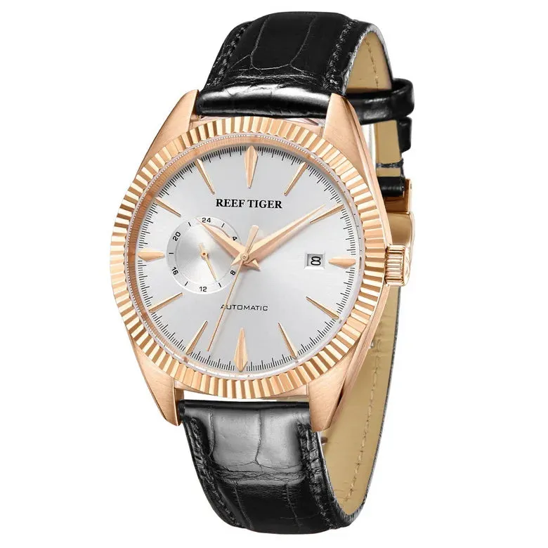 Reef Tiger Mens Automatic Watches, Luxury Men Watch Fashion Mechanical Wristwatch 50M Waterproof Sapphire Mirror Leather Strap
