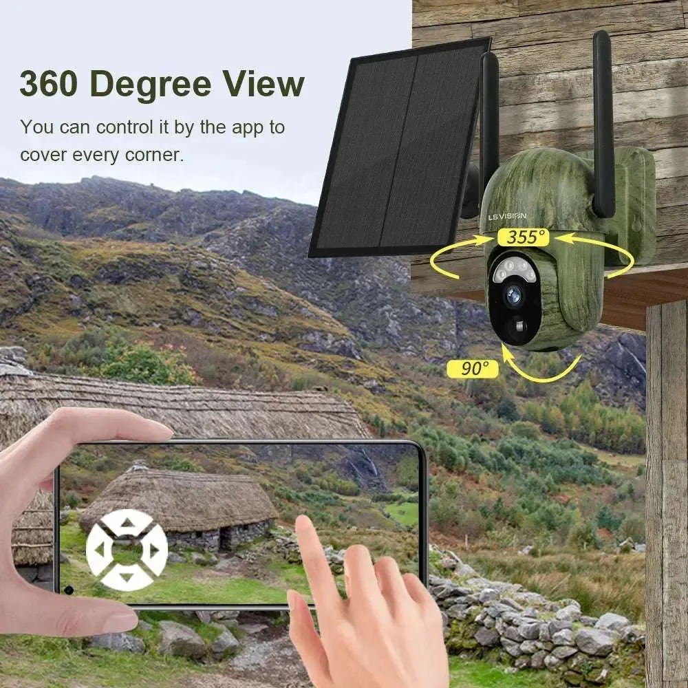 Solar-Powered 4G WiFi Outdoor Security Camera with 360 Pan, Tilt, & Zoom | IP66 Waterproof | Color Night Vision | Two-Way Audio
