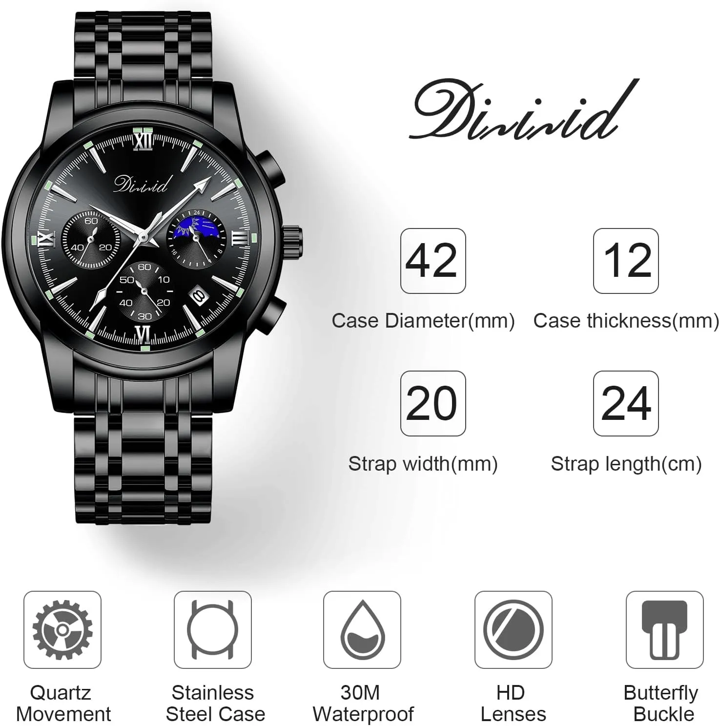 Watches for Men, Business Dress Mens Watches Chronograph Analog Quartz Stainless Steel Waterproof Luminous Date Luxury Casual Wrist Watch