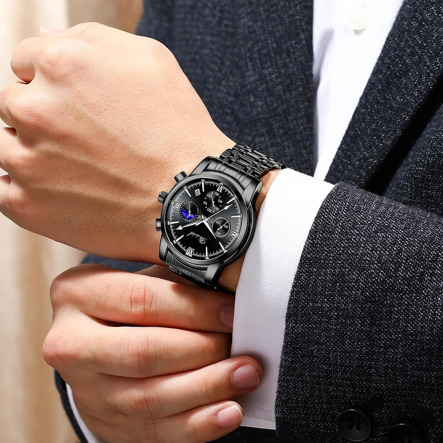 Watches for Men, Business Dress Mens Watches Chronograph Analog Quartz Stainless Steel Waterproof Luminous Date Luxury Casual Wrist Watch